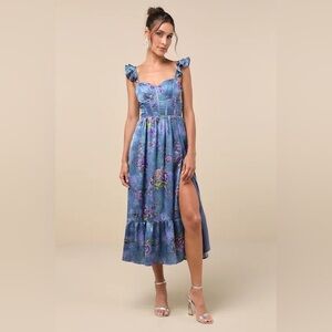 Lulus Sweet Like Sangria Blue Floral Ruffled Bustier Midi Dress Size S